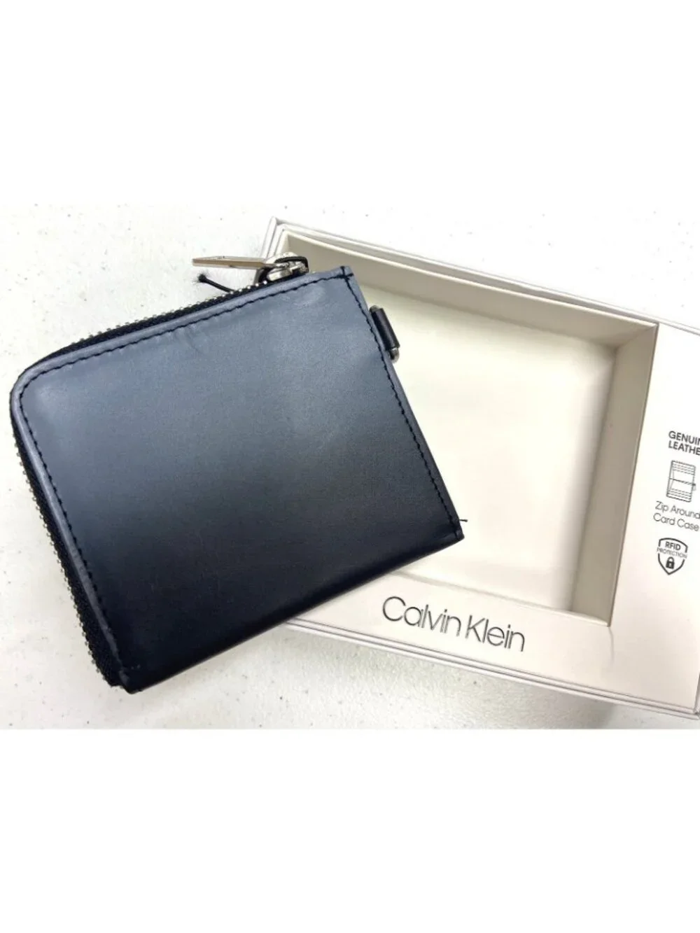 Calvin Klein Men RFID Zip Around Card Case Wallet Black Gray Logo Leather $50